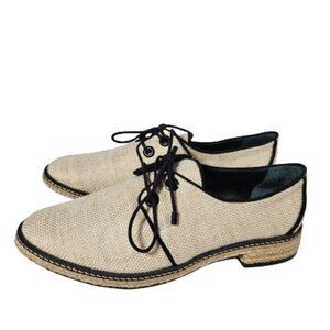 Tory Burch Fawn Oxford Linen Tan Espadrille Lace Up Loafers Shoes Women's Size 9